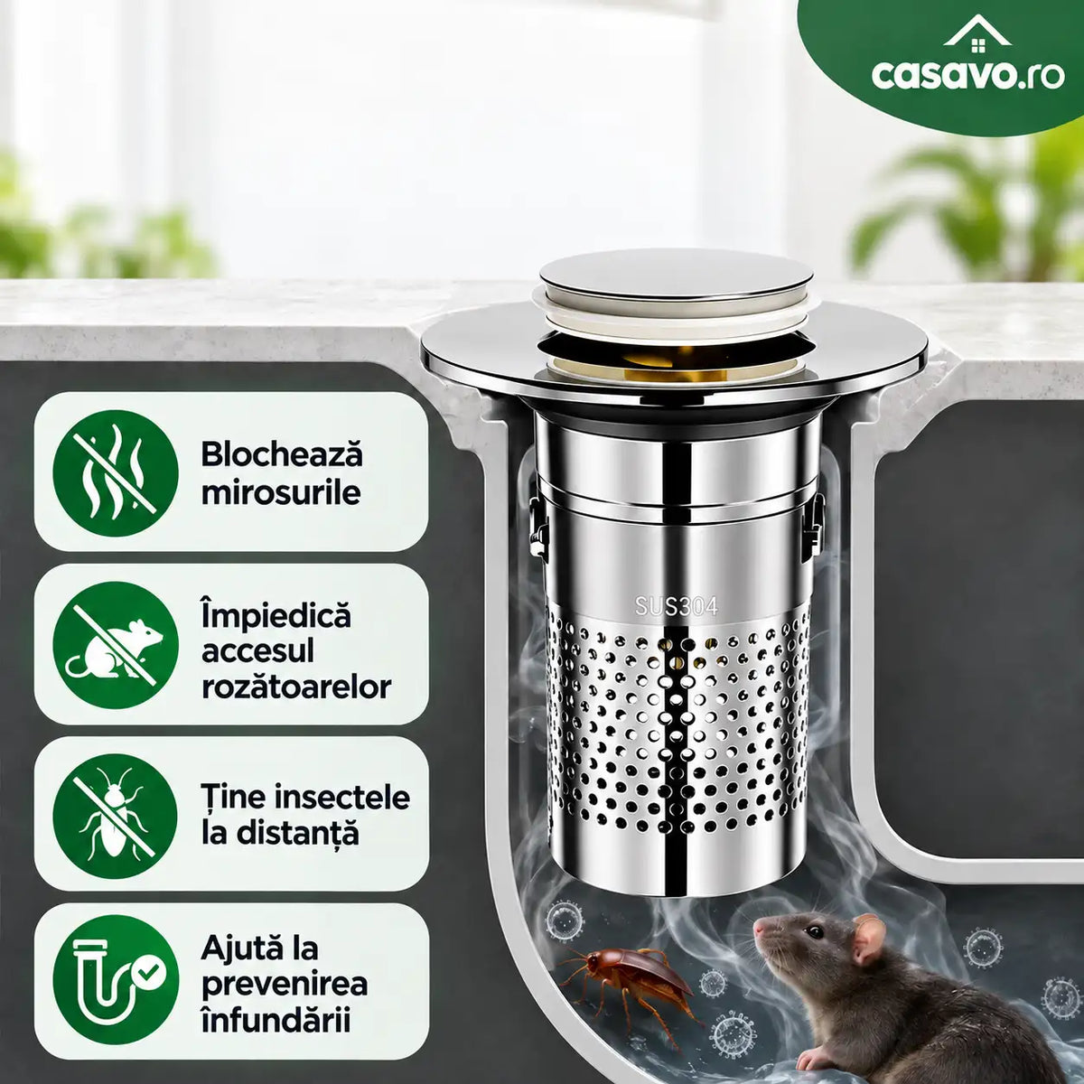 ClearDrain – Sifon Pop-Up cu Sită din Inox Anti-Înfundare
