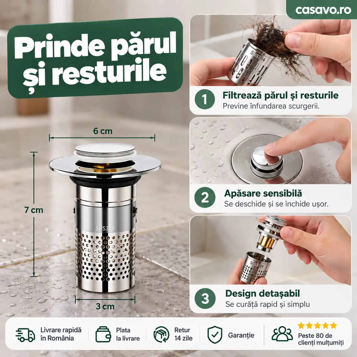 ClearDrain – Sifon Pop-Up cu Sită din Inox Anti-Înfundare