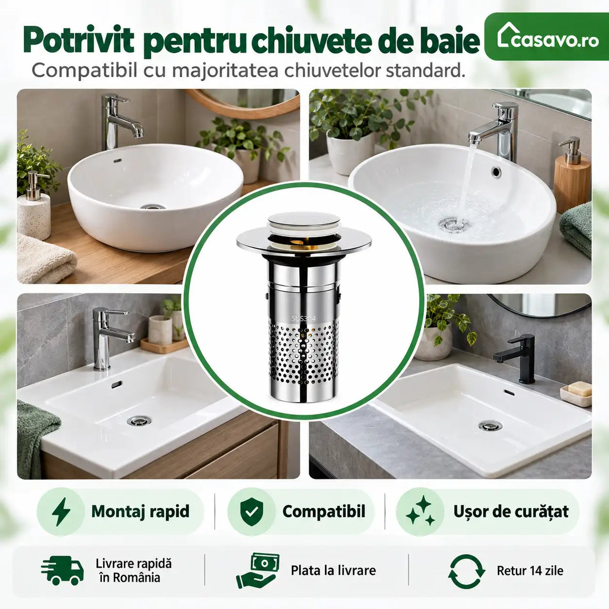 ClearDrain – Sifon Pop-Up cu Sită din Inox Anti-Înfundare