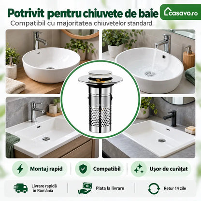 ClearDrain – Sifon Pop-Up cu Sită din Inox Anti-Înfundare